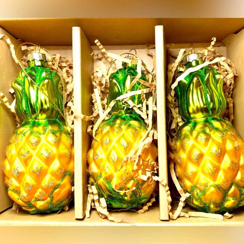 Set of 3 Yellow Pineapples Glass Christmas Ornaments 5 Inch Tall Tropical Fruit